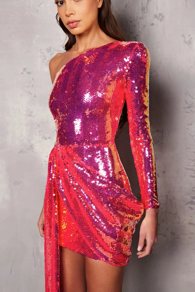 Women’s Green Pink Gold Sequined One Shoulder Party Dress