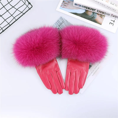 Sheepskin Leather Gloves with Fox Fur Trim – Women's Winter Mittens
