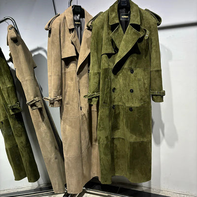 Long Real Leather Trench Coat for Women - Double Breasted Suede