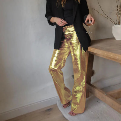 High Waisted Baggy PU Pants | Silver & Gold Loose Trousers