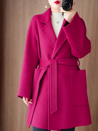 Women Double-Sided Woolen Cashmere Coat with Belt