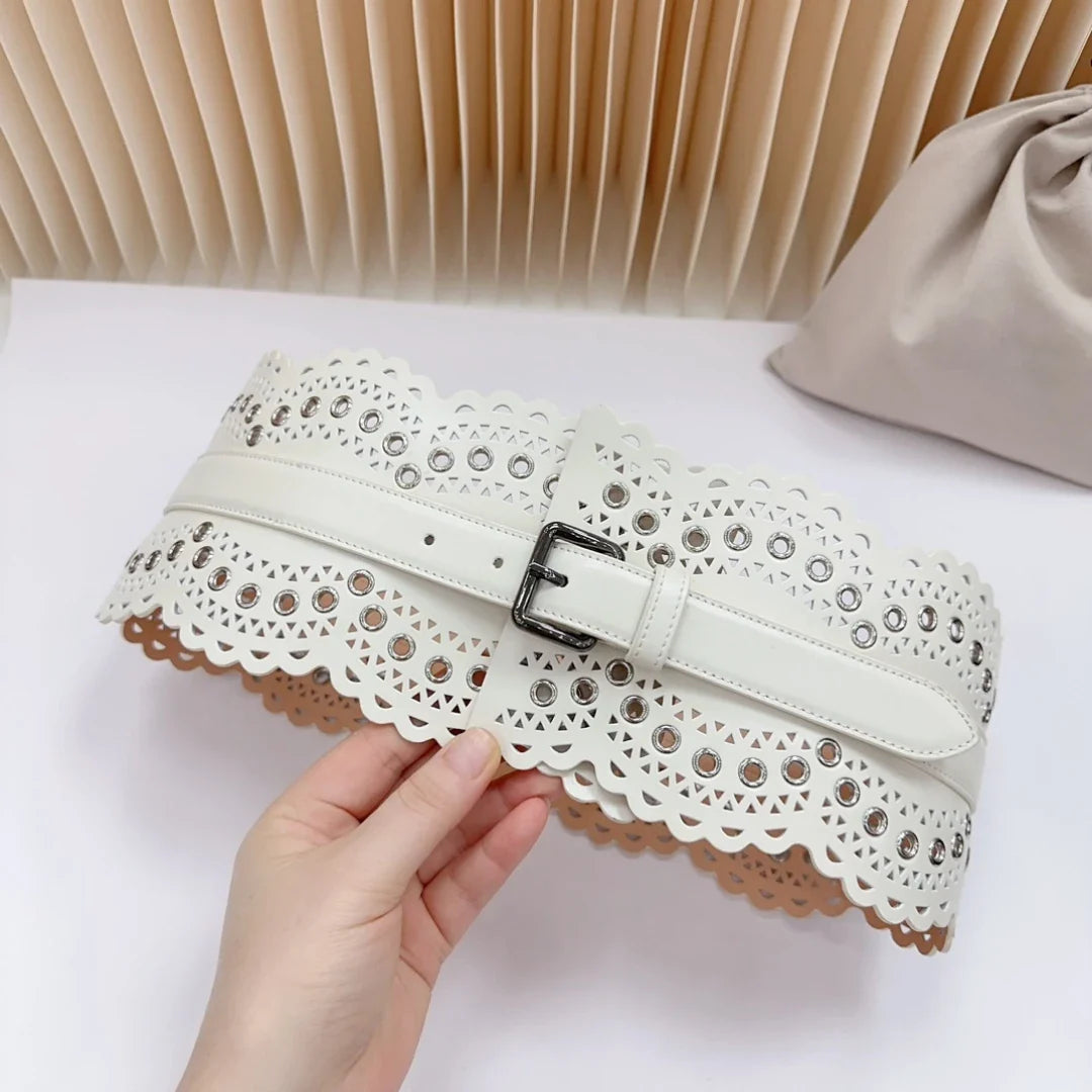 12 CM Wide Hollow Pattern Pin Buckle Waist Belt - Handmade Luxury Accessory