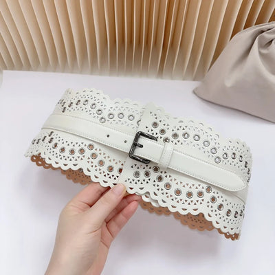 12 CM Wide Hollow Pattern Pin Buckle Waist Belt - Handmade Luxury Accessory
