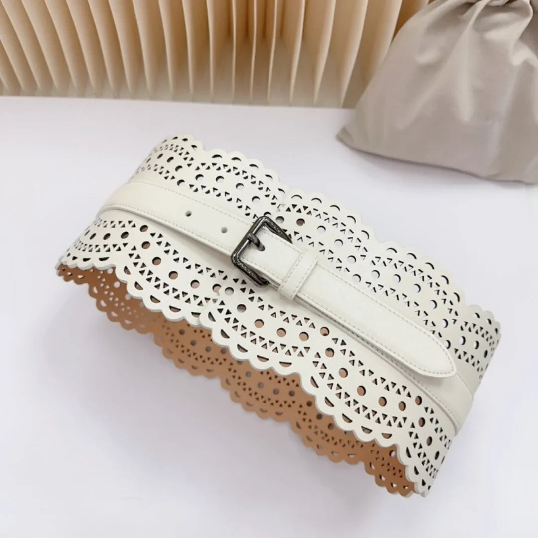 12 CM Wide Hollow Pattern Pin Buckle Waist Belt - Handmade Luxury Accessory