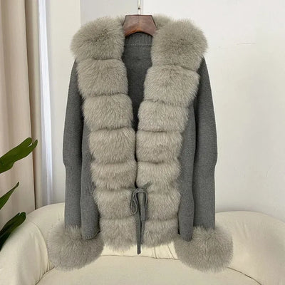 Women's Luxury Fur Coat with Detachable Fox Fur Collar - Autumn/Winter