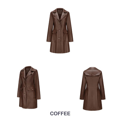 Red PU Leather Waist Lace-Up Long Jacket - Women's Fashion Overcoat
