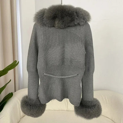Women's Luxury Fur Coat with Detachable Fox Fur Collar - Autumn/Winter