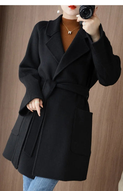Women Double-Sided Woolen Cashmere Coat with Belt