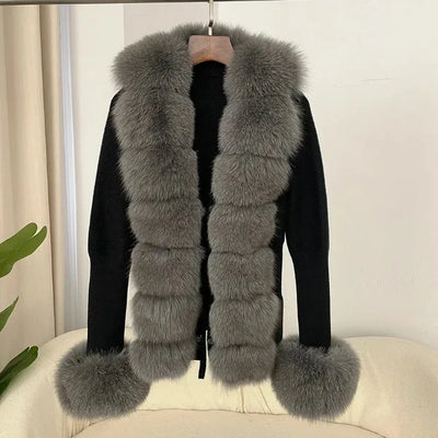 Women's Luxury Fur Coat with Detachable Fox Fur Collar - Autumn/Winter
