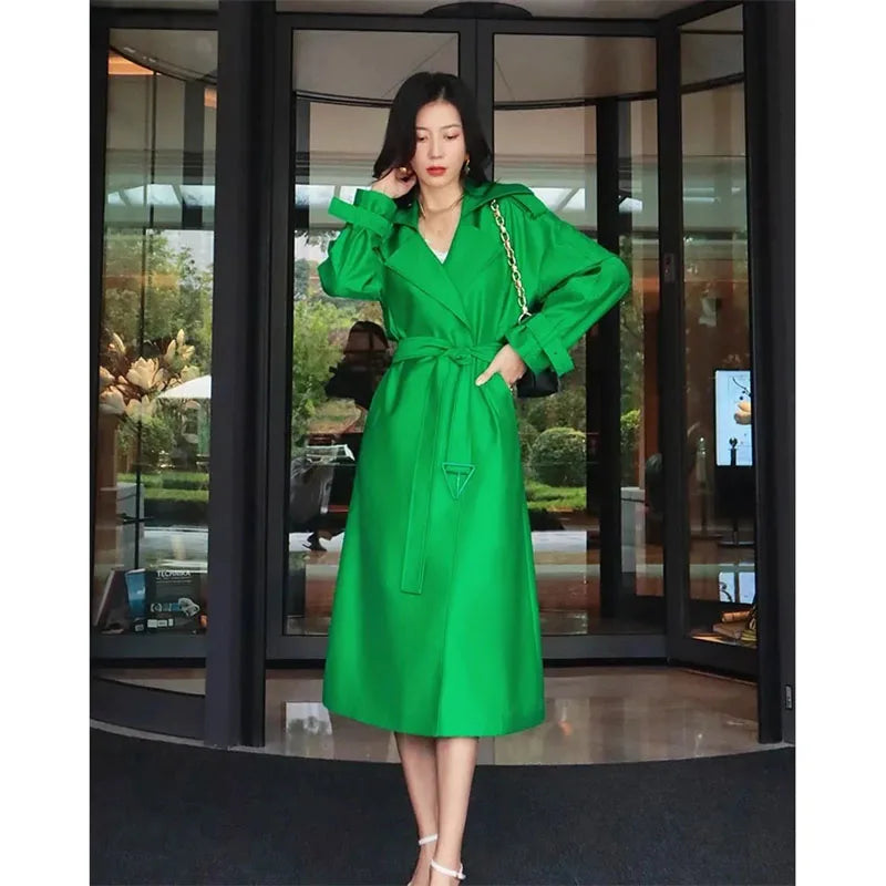 Elegant Mid-Length Women's Trench Coat | Green Windbreaker Outerwear