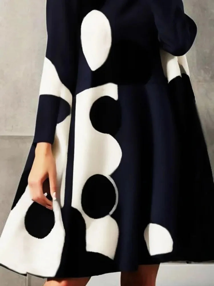 Elegant Polka-Dot High-Neck Long-Sleeve A-Line Party Dress