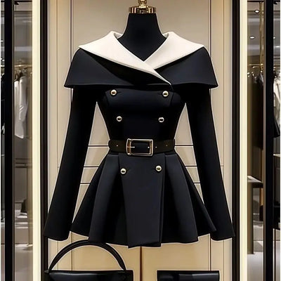 Black Belted Waist Suit Jacket for Women | Stylish Spring/Autumn Coat