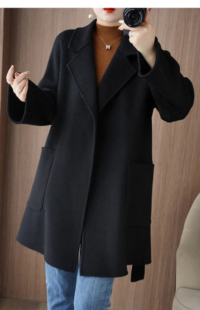 Women Double-Sided Woolen Cashmere Coat with Belt