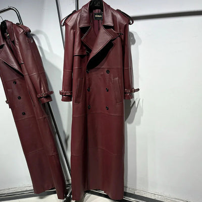 Long Real Leather Trench Coat for Women - Double Breasted Suede