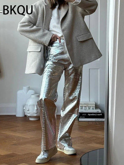High Waisted Baggy PU Pants | Silver & Gold Loose Trousers