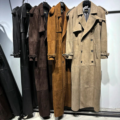 Long Real Leather Trench Coat for Women - Double Breasted Suede