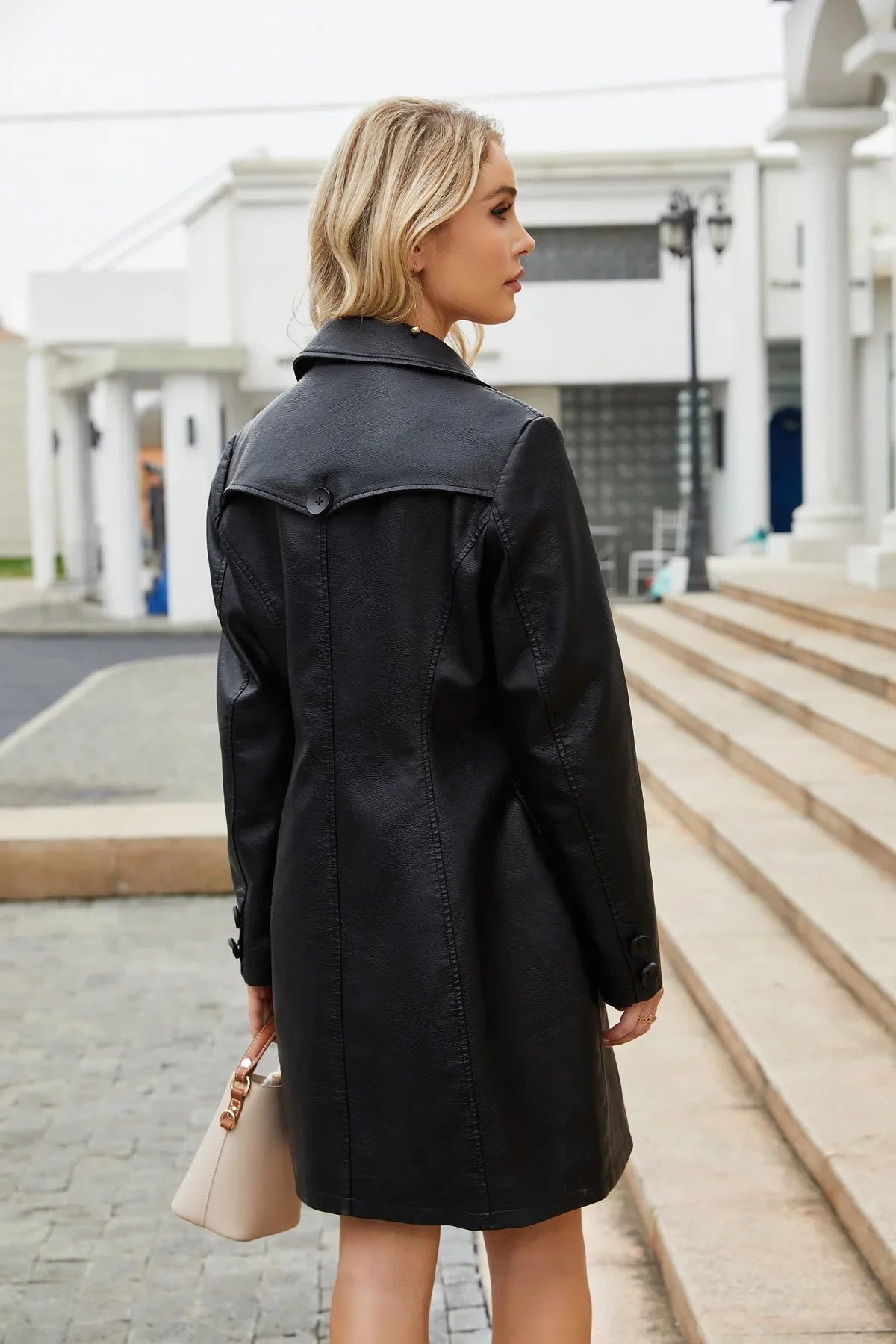 Red PU Leather Waist Lace-Up Long Jacket - Women's Fashion Overcoat
