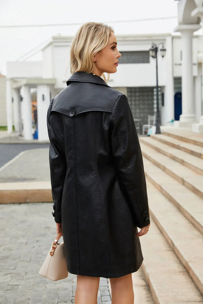 Red PU Leather Waist Lace-Up Long Jacket - Women's Fashion Overcoat