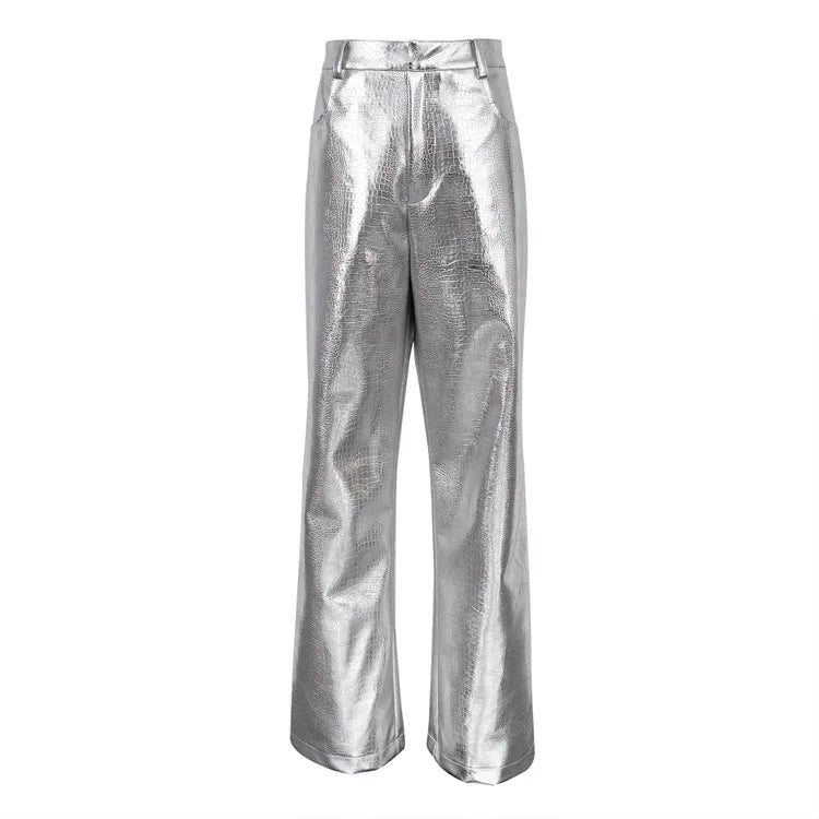 High Waisted Baggy PU Pants | Silver & Gold Loose Trousers
