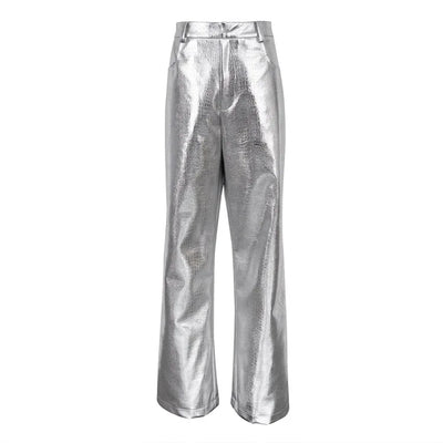 High Waisted Baggy PU Pants | Silver & Gold Loose Trousers