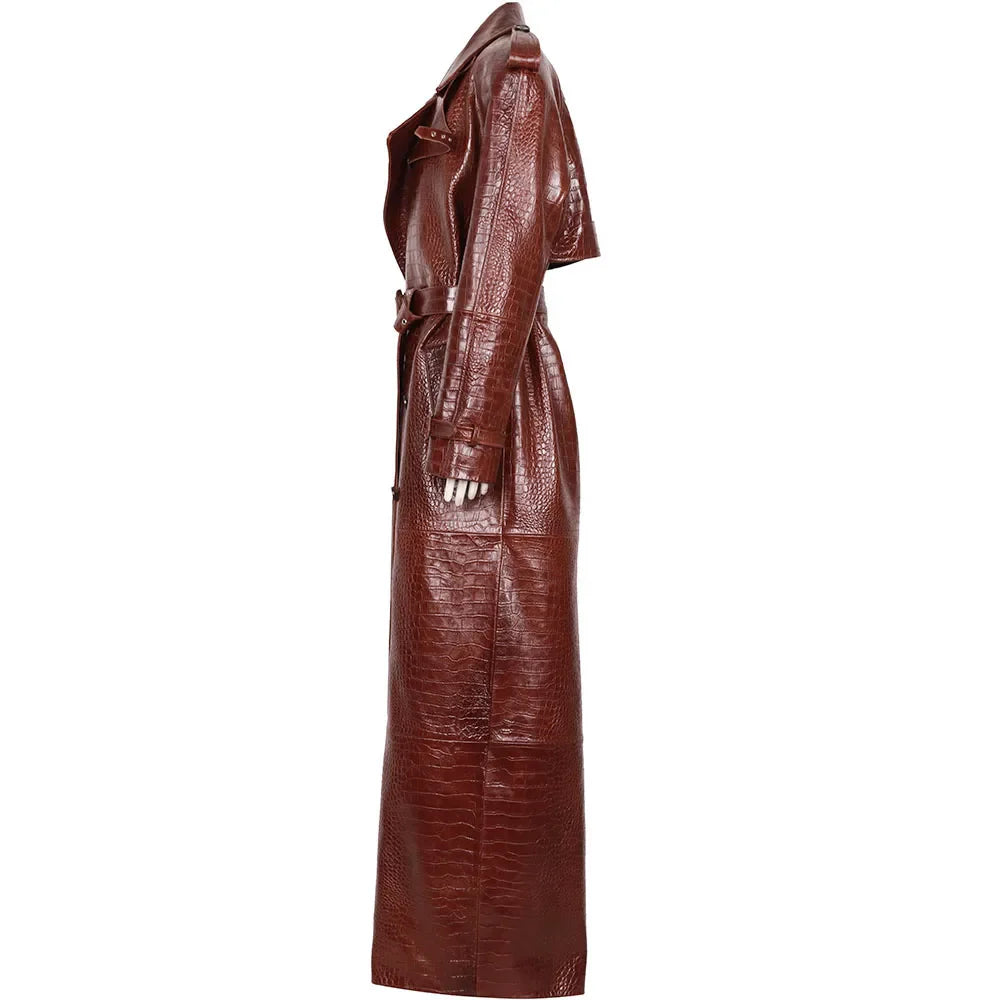 Long Real Leather Trench Coat for Women - Double Breasted Suede