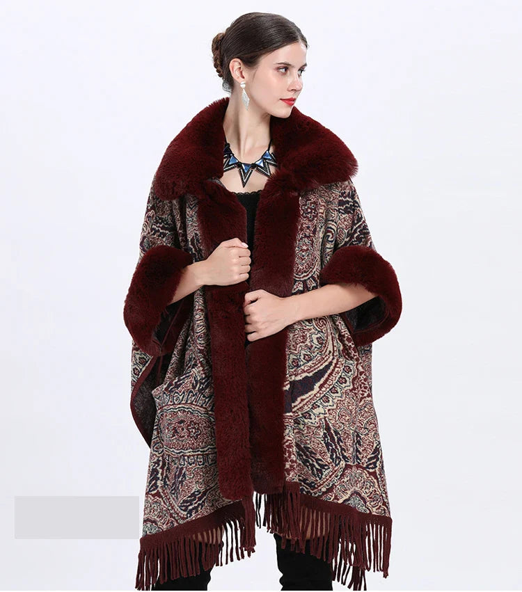 Soft Warm Wool Blend Cape Coat with Faux Fur and Tassels for Women