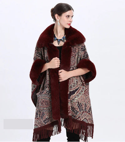 Soft Warm Wool Blend Cape Coat with Faux Fur and Tassels for Women