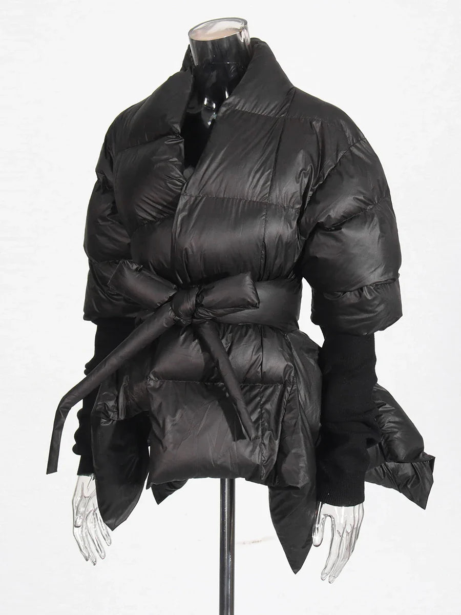Solid Leather Lace-Up Irregular Parka for Women – V Neck Long Sleeve Winter Coat