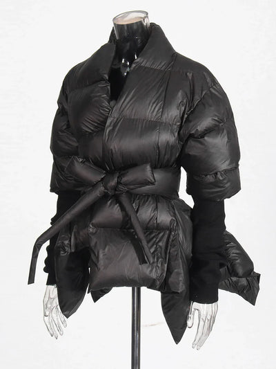 Solid Leather Lace-Up Irregular Parka for Women – V Neck Long Sleeve Winter Coat