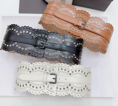 12 CM Wide Hollow Pattern Pin Buckle Waist Belt - Handmade Luxury Accessory