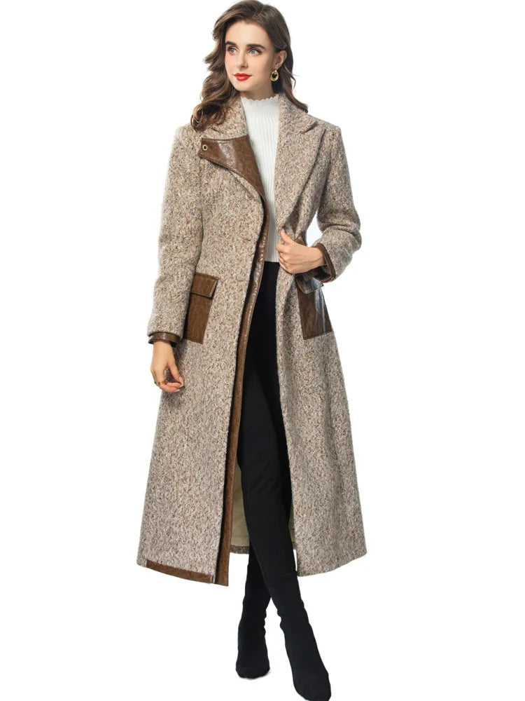 Women Elegant Patchwork Windbreaker with PU Leather Splice and Belt