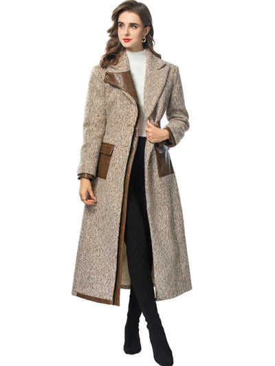 Women Elegant Patchwork Windbreaker with PU Leather Splice and Belt