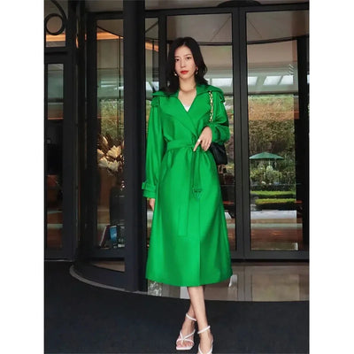 Elegant Mid-Length Women's Trench Coat | Green Windbreaker Outerwear