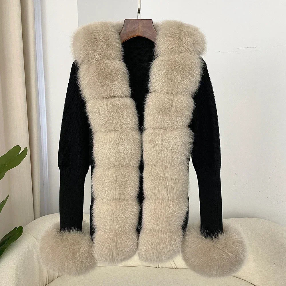 Women's Luxury Fur Coat with Detachable Fox Fur Collar - Autumn/Winter