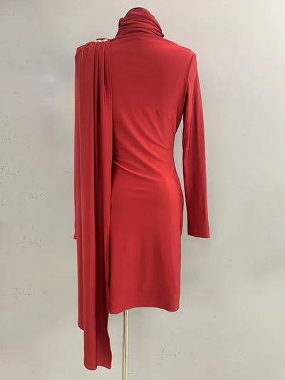 Solid Patchwork Ruffles Mini Dress for Women, Stand Collar, Asymmetrical Slimming Design