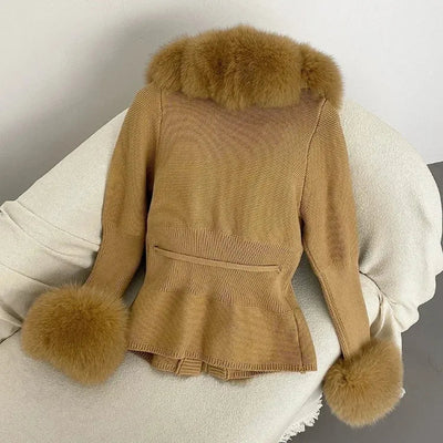 Women's Luxury Fur Coat with Detachable Fox Fur Collar - Autumn/Winter