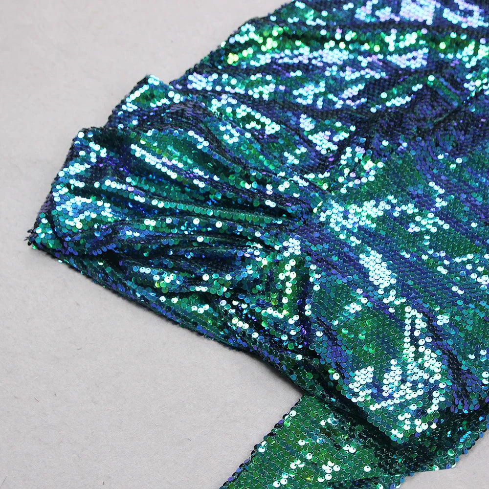 Women’s Green Pink Gold Sequined One Shoulder Party Dress