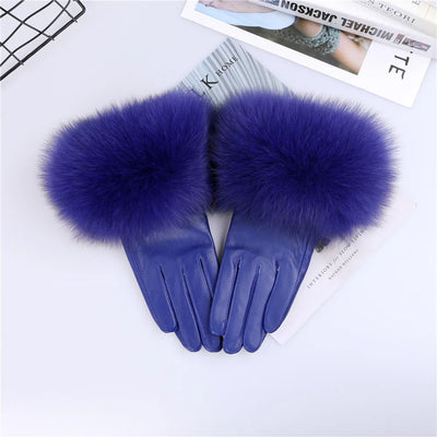 Sheepskin Leather Gloves with Fox Fur Trim – Women's Winter Mittens