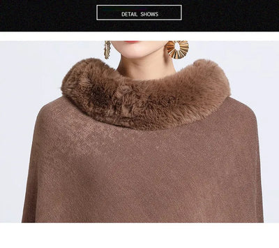Poncho Scarf with Faux Fur Collar and Fringed Shawl