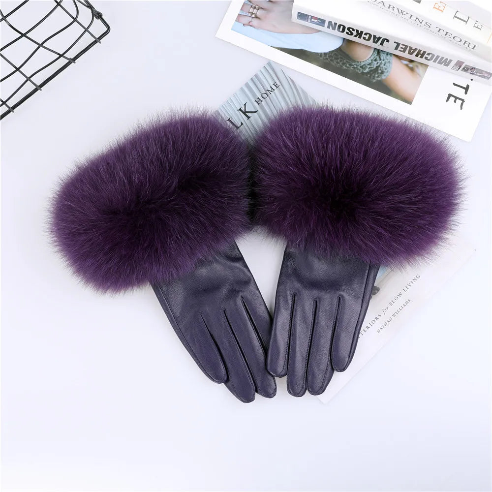 Sheepskin Leather Gloves with Fox Fur Trim – Women's Winter Mittens