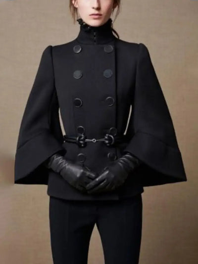 Women's Black High-Neck Buttoned Jacket with Flared Sleeves