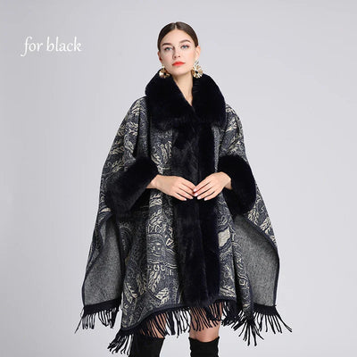 Soft Warm Wool Blend Cape Coat with Faux Fur and Tassels for Women