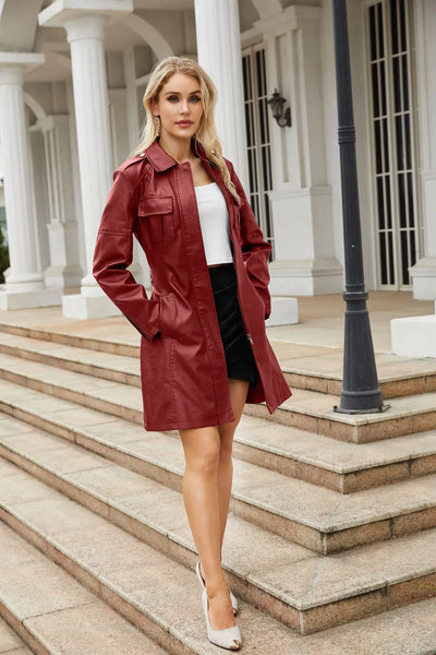 Red PU Leather Waist Lace-Up Long Jacket - Women's Fashion Overcoat