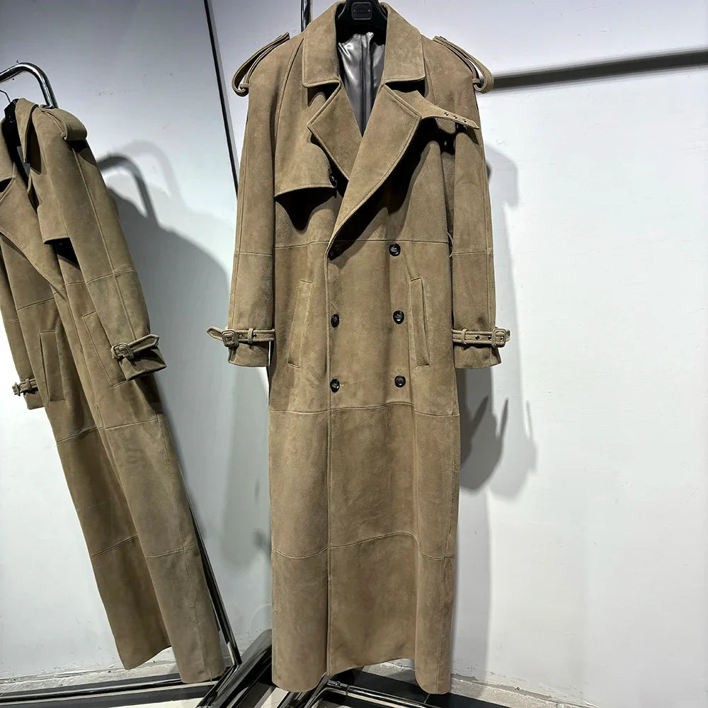 Long Real Leather Trench Coat for Women - Double Breasted Suede