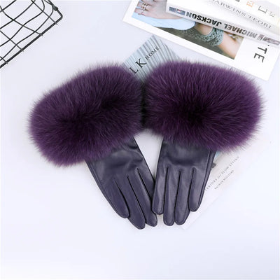 Sheepskin Leather Gloves with Fox Fur Trim – Women's Winter Mittens