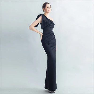 Candy Color Satin One-Shoulder Evening Dress with Slit and Appliques