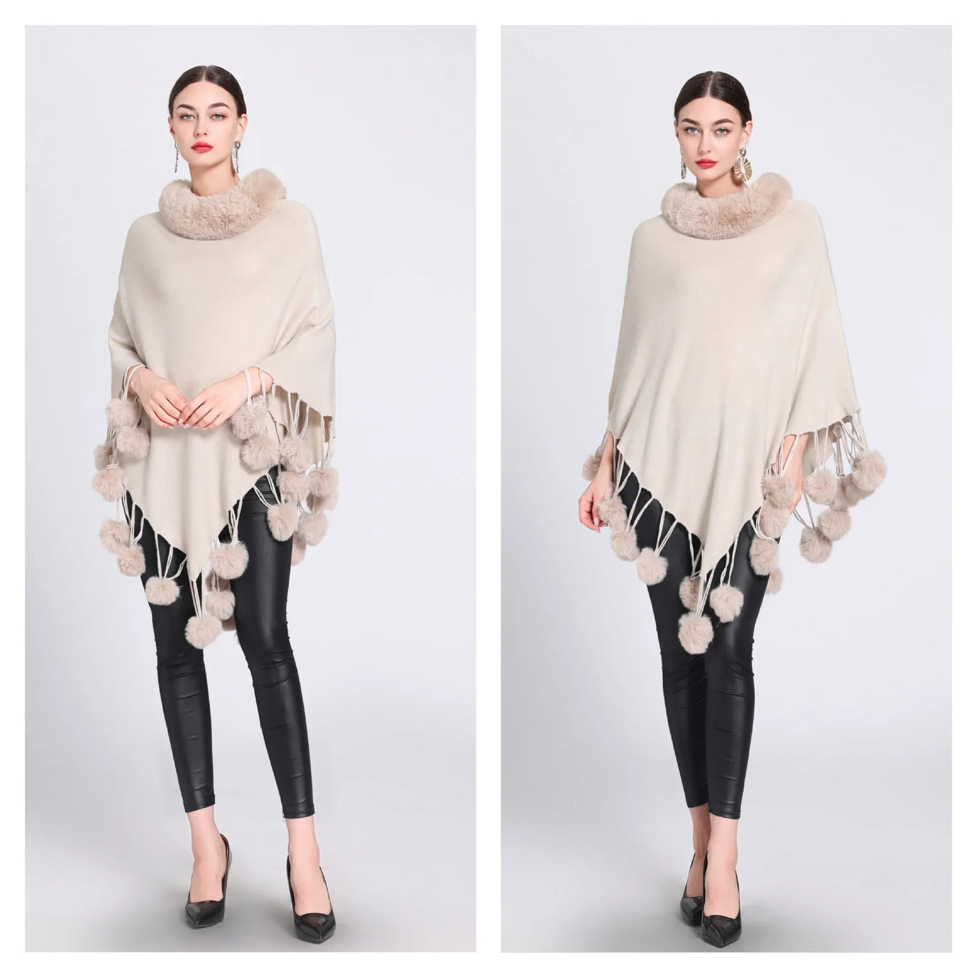 Poncho Scarf with Faux Fur Collar and Fringed Shawl