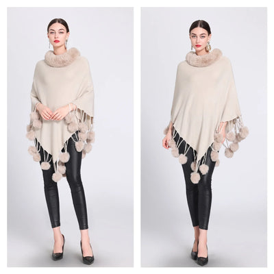 Poncho Scarf with Faux Fur Collar and Fringed Shawl