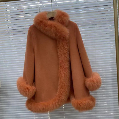 Women's Winter Real Fur Coat with Natural Fox Fur Collar and Wool Blend