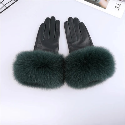 Sheepskin Leather Gloves with Fox Fur Trim – Women's Winter Mittens
